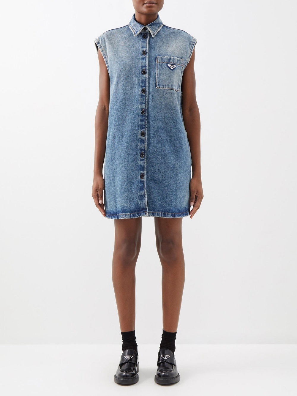 Prada Sleeveless Denim Shirt Dress – Light Wash, Triangle Logo, IT 40